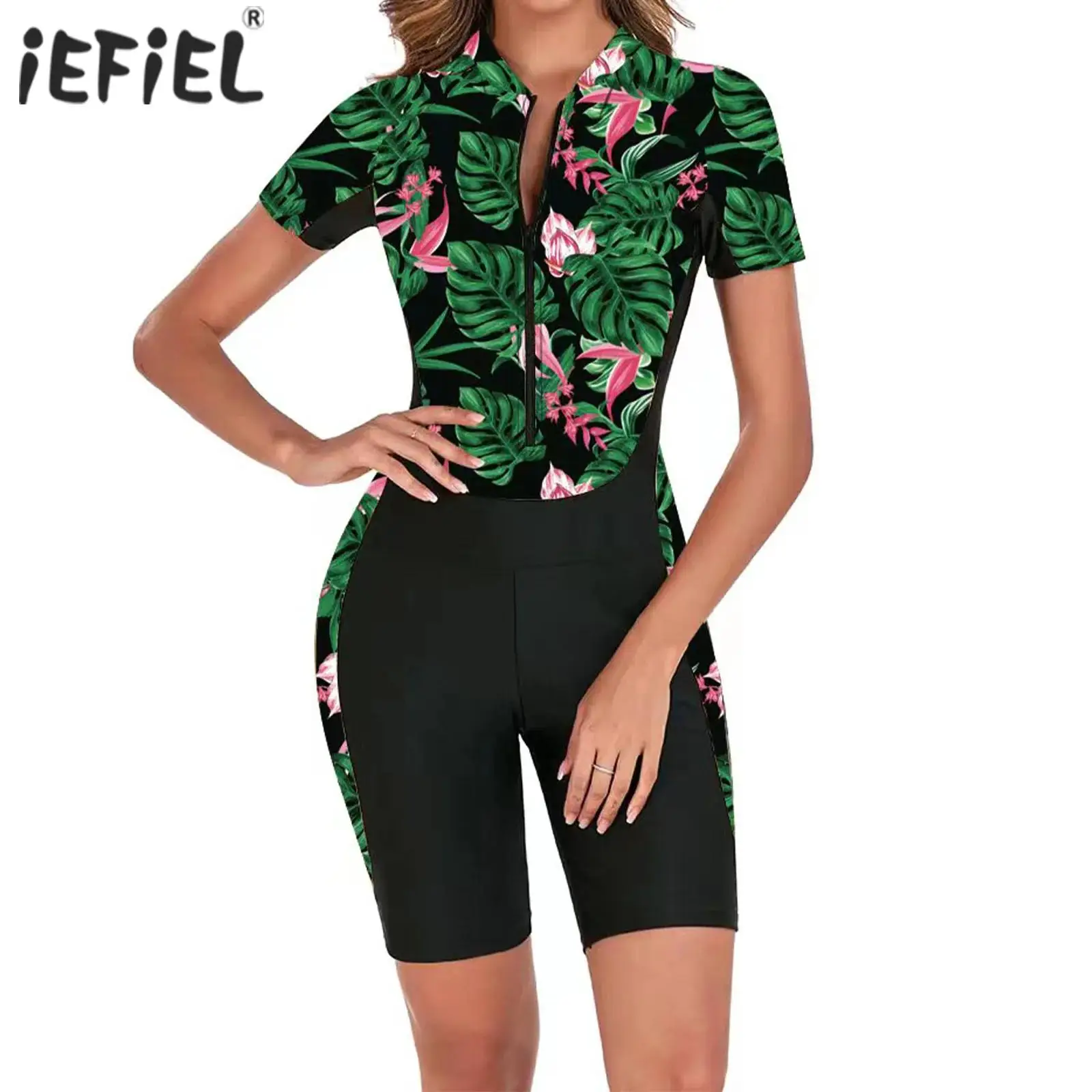 

Womens Swim Leotard Printed One Piece Rash Gurad Short Sleeve Front Zipper Boyleg Swimwear Bathing Suit Sun Protection Beachwear