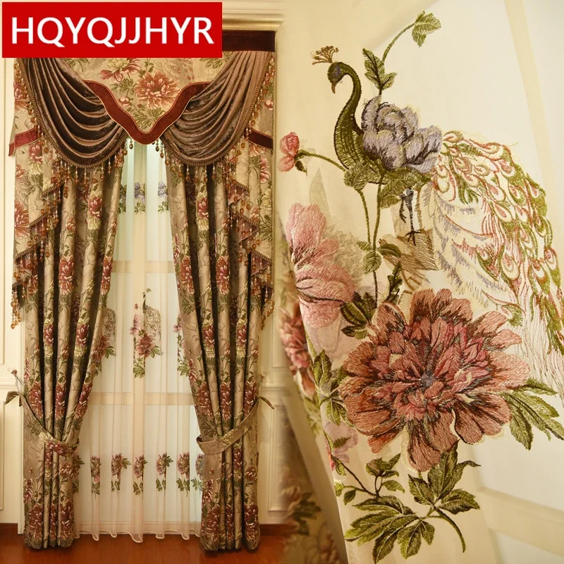 Luxury villa 3D embossed jacquard shading living room curtains for matching embroidery peacock tulle for bedroom star hotel