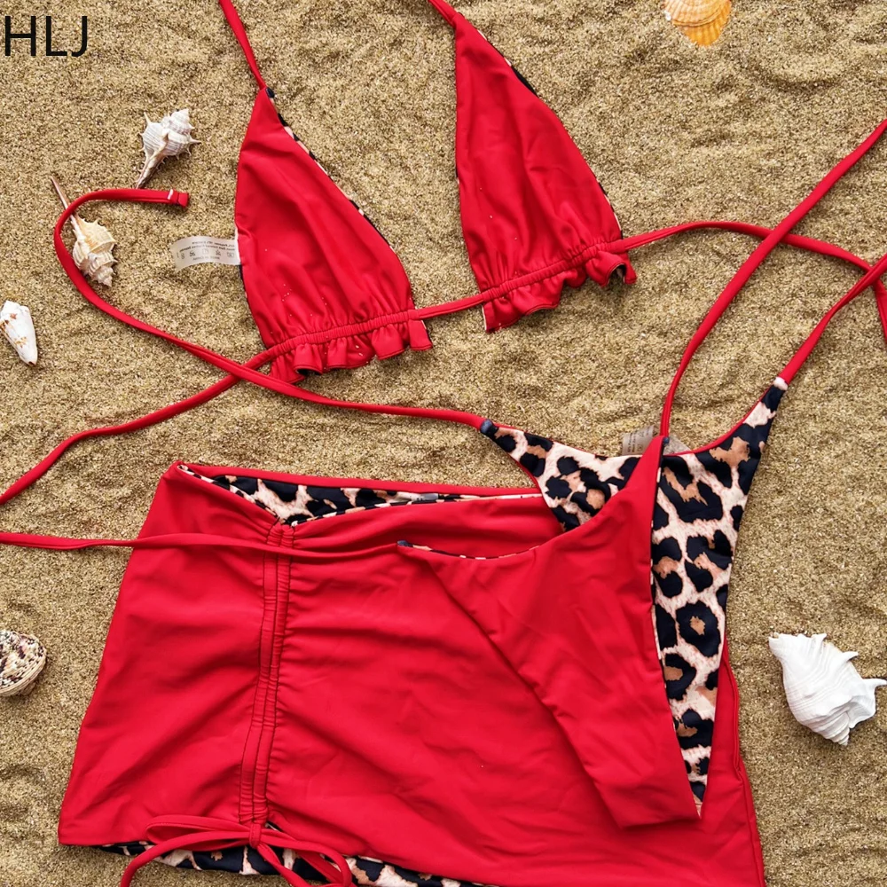 HLJ Sexy Leopard Print Bikinis 2025 Women Swimsuit Spaghetti Strap Underwear + Lace Up Underpants + Skirt Female Bikini Set New