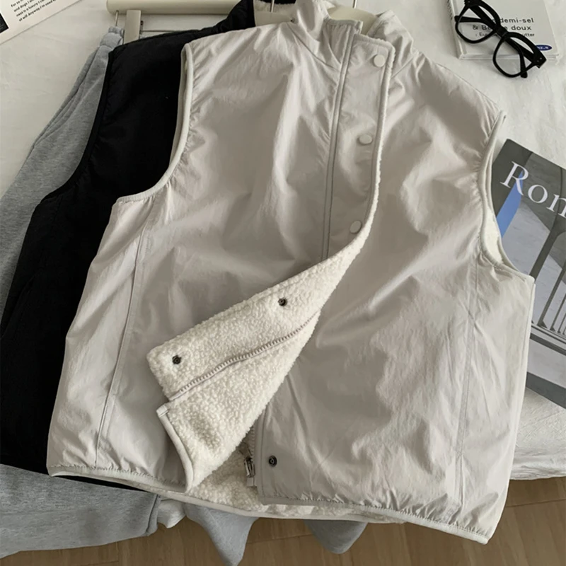 

Women's Double-sided Wear Vest Korean Style Simple Lambswool Stand Collar Thick Warm Sleeveless Jacket Autumn Winter Layer Tops