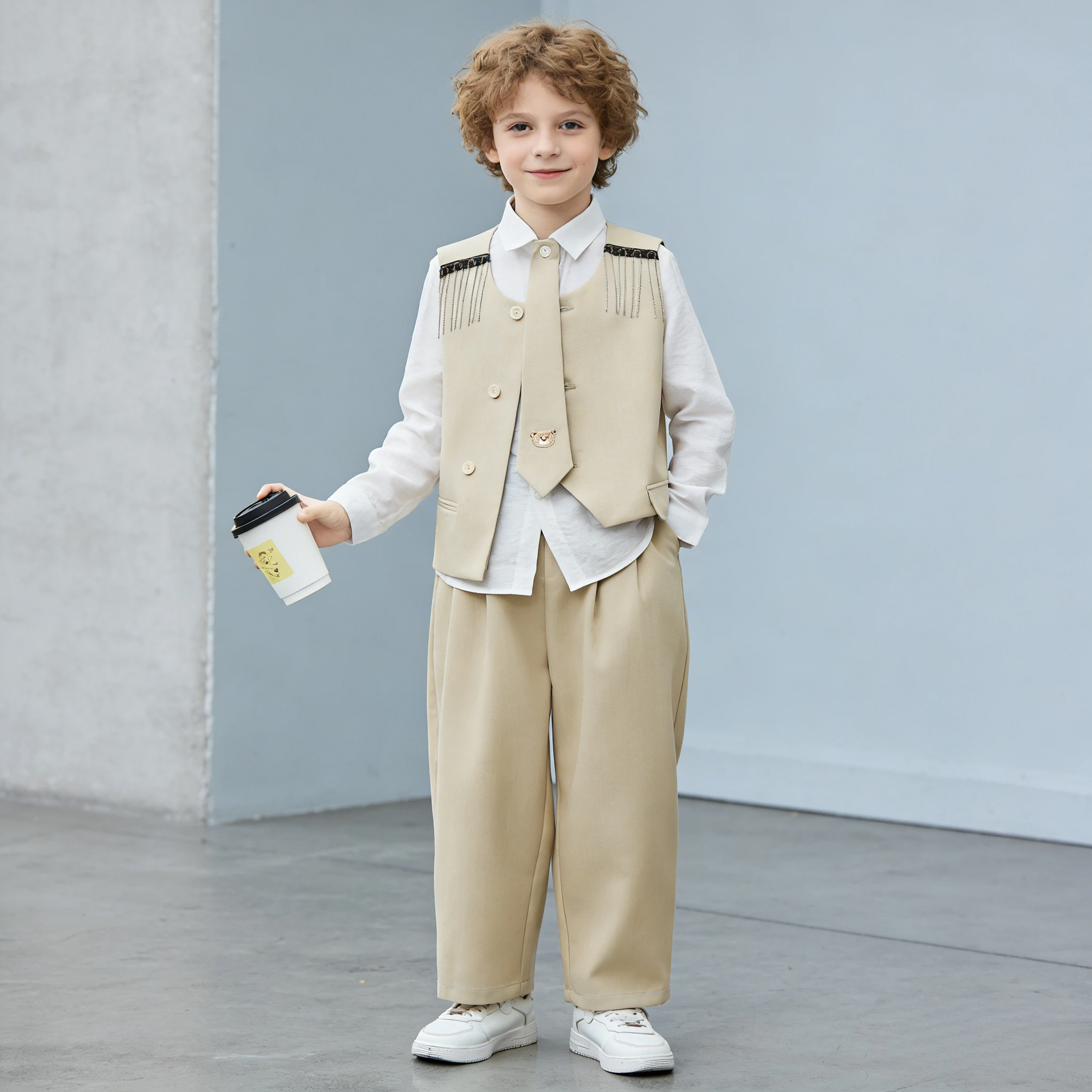 2026 Spring Boys Tassel Embroidery Vest Suit Set Kids Formal Outfit White Shirt Tie Wide Leg Pants for Wedding Host Performance