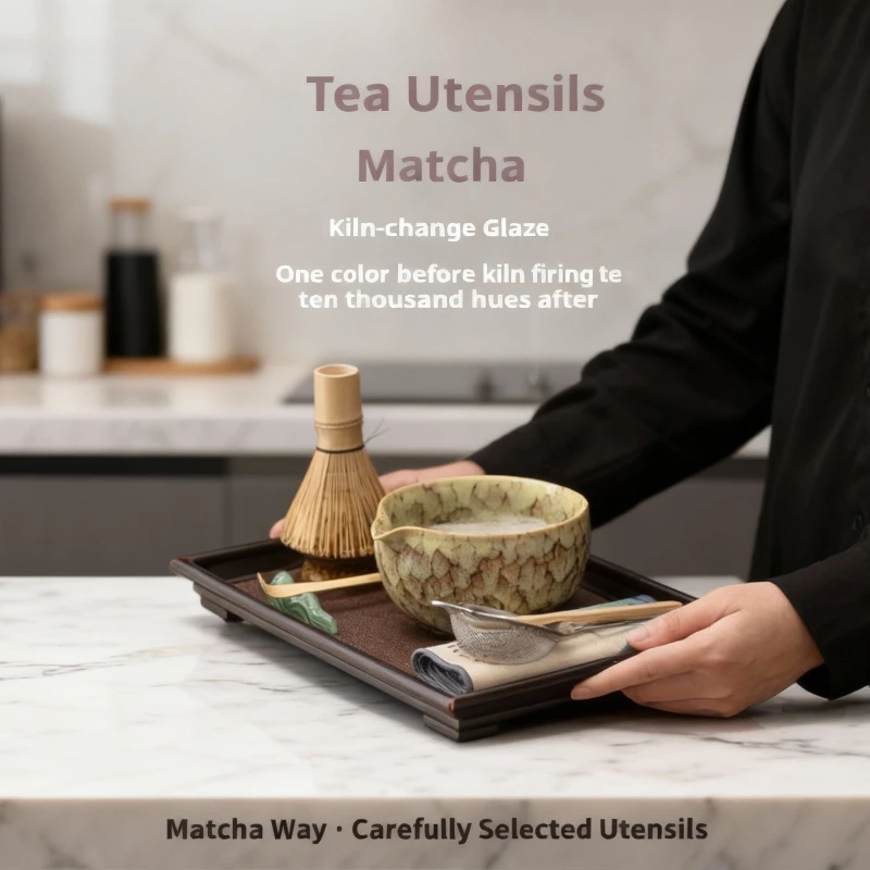 

2025 Premium Creative Colorful Kiln Glazed Ceramic Matcha 4-Piece Set-Tea Bowl & Chasen Stand for Matcha Making Tea Set Chinese