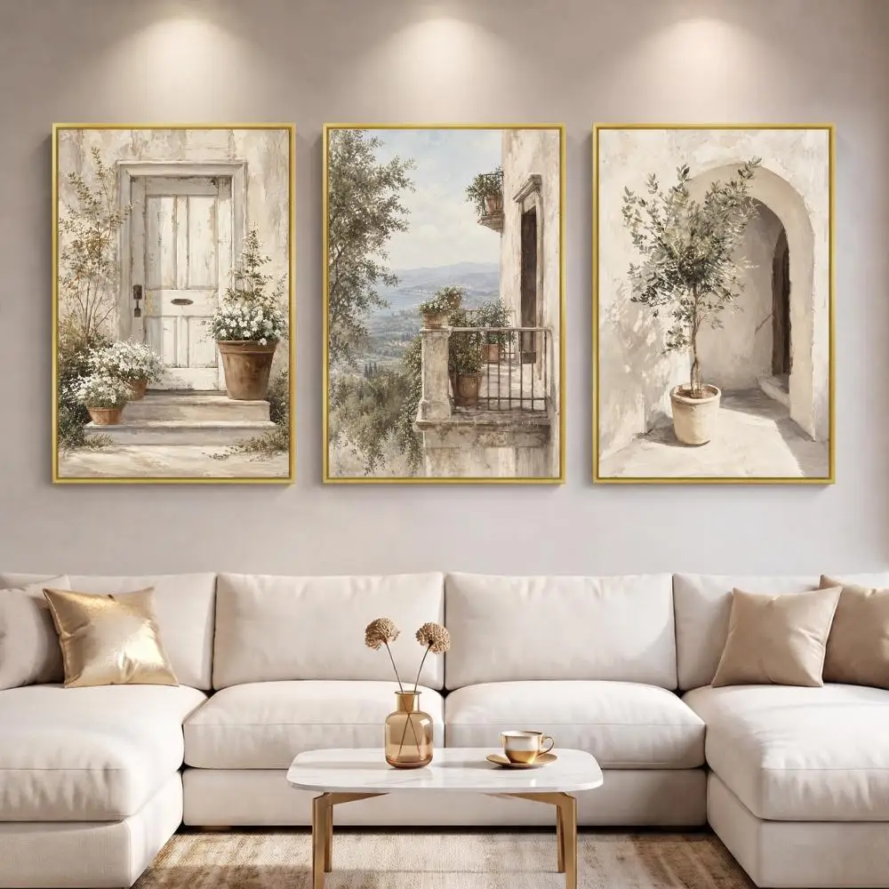 European Villa Doorway & Balcony Painting Calligraphy 3 PCS Canvas Wall Art for Living Room Decor Modern Fashion Wall Decals