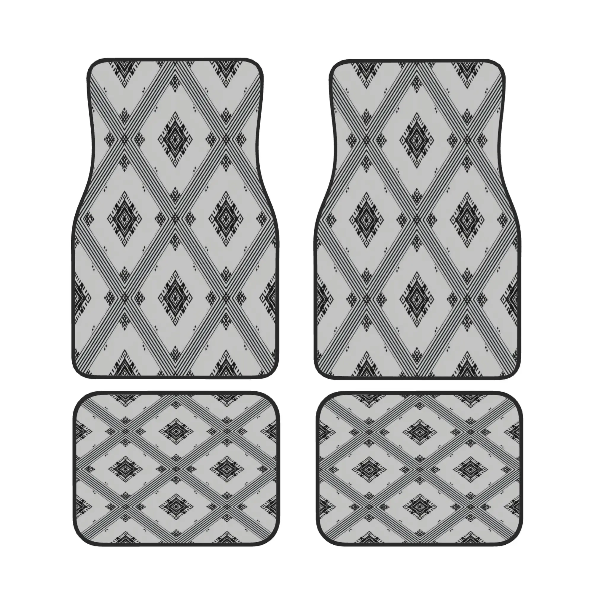 4pcs Gray And White Diamond Check Pattern Design Stylish Car Interior Floor Mats, Durable And Easy To Clean, Suitable For Sedans