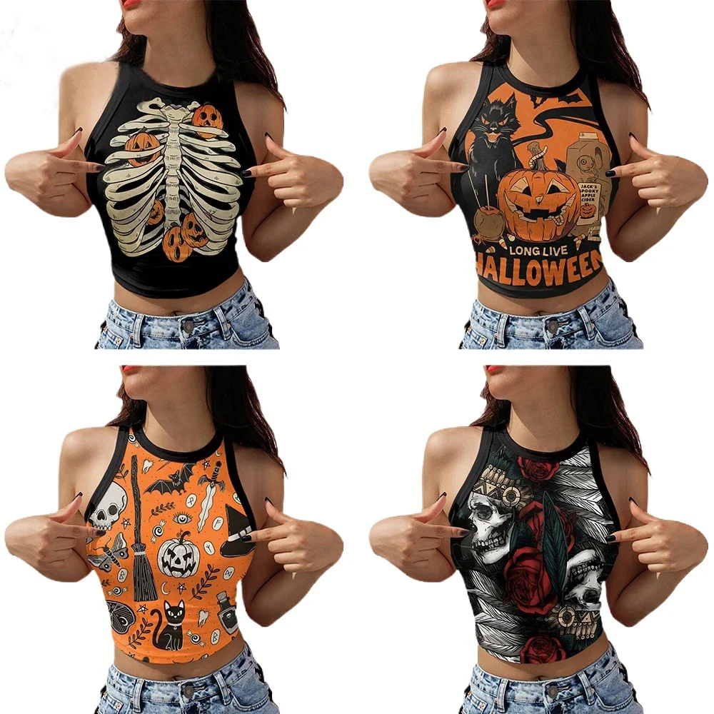 

Women Summer Sleeveless Crop Top Y2k Gothic Skeleton Pumpkin Printed Streetwear Fitness Halloween Casual Tops Tees