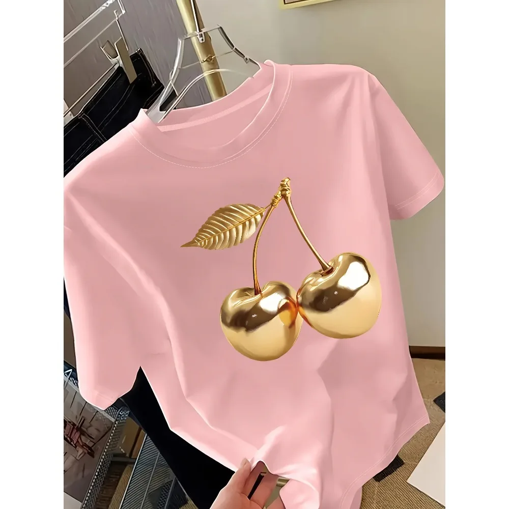 Goldener Kirschdruck Damen Kurzarm-T-Shirt Stilvolles Casual-Oberteil mit Eleganz Vielseitiges Top für Frauen Minimalistisches Design – Detail 7