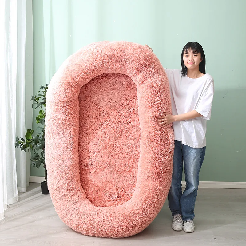 Human and dog beds, suitable for large, washable, large dog beds made of artificial fur and integrated with dog blankets