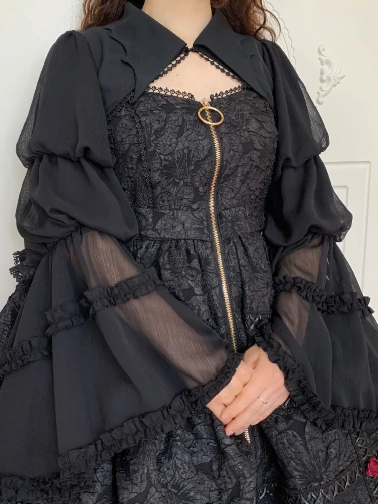 Gothic Lolita Cardigan Blouse Women Loose Puff Sleeve Lace Patchwork Black Cropped Shirts Japanese Harajuku All Match Capes Top