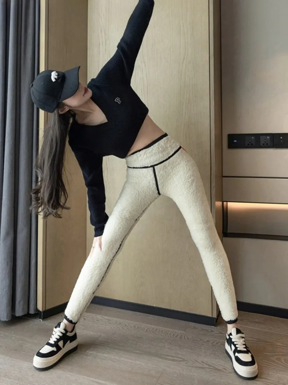 الخريف الشتاء اضافية سميكة لامب المخملية القرش طماق المرأة عالية الخصر بعقب رافع الأسود الحراري الصوف الدافئة طماق #3