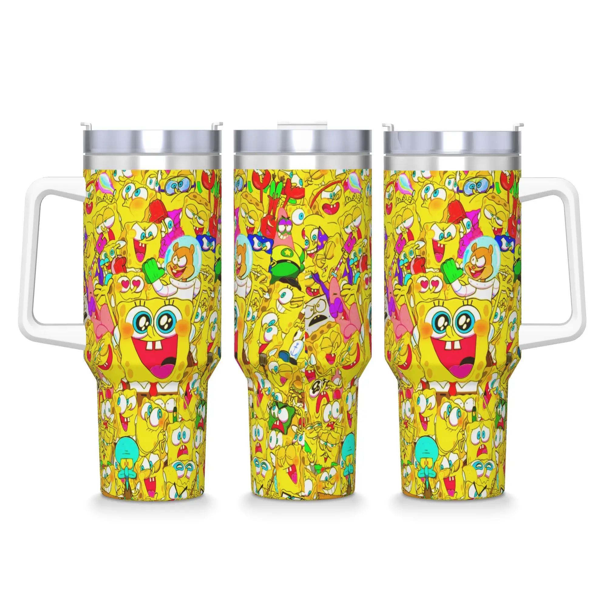 SpongeBobs Colorful All Character Confetti Stainless Steel Tumbler Thermal Mug With Straws and Lid Large Capacity Car Mugs