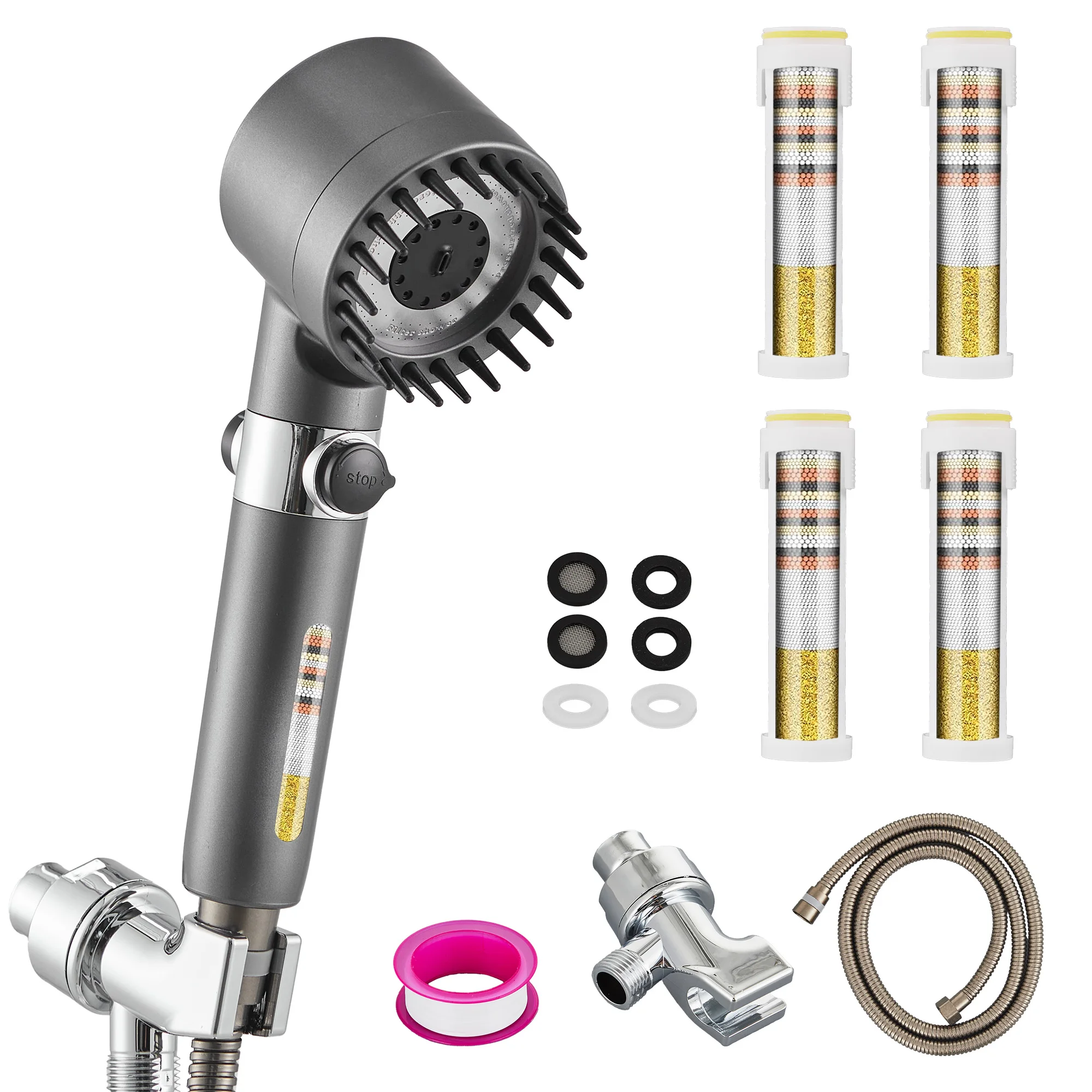 4-in-1 Filtered Shower Head with 4 Replacement Filters, High Pressure Water Saving Showerhead with ON/OFF Pause Button, 3 Spray Modes for Bathroom Spa