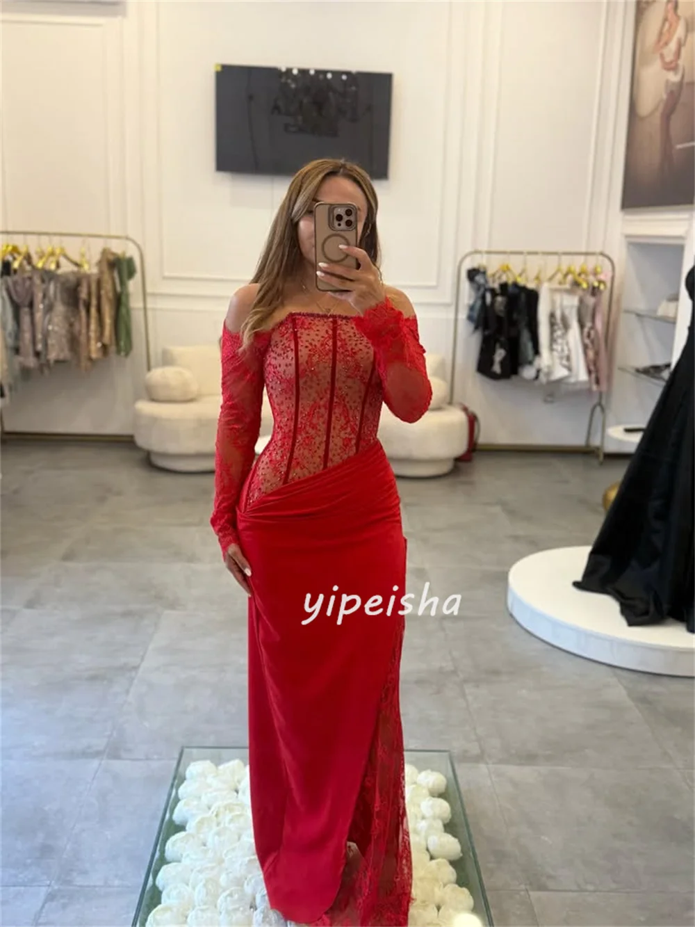 Customized High Quality Intricate Sequined Lace Ruched Column Strapless Long Dresses Bespoke Occasion Dresses Exquisite Elegant