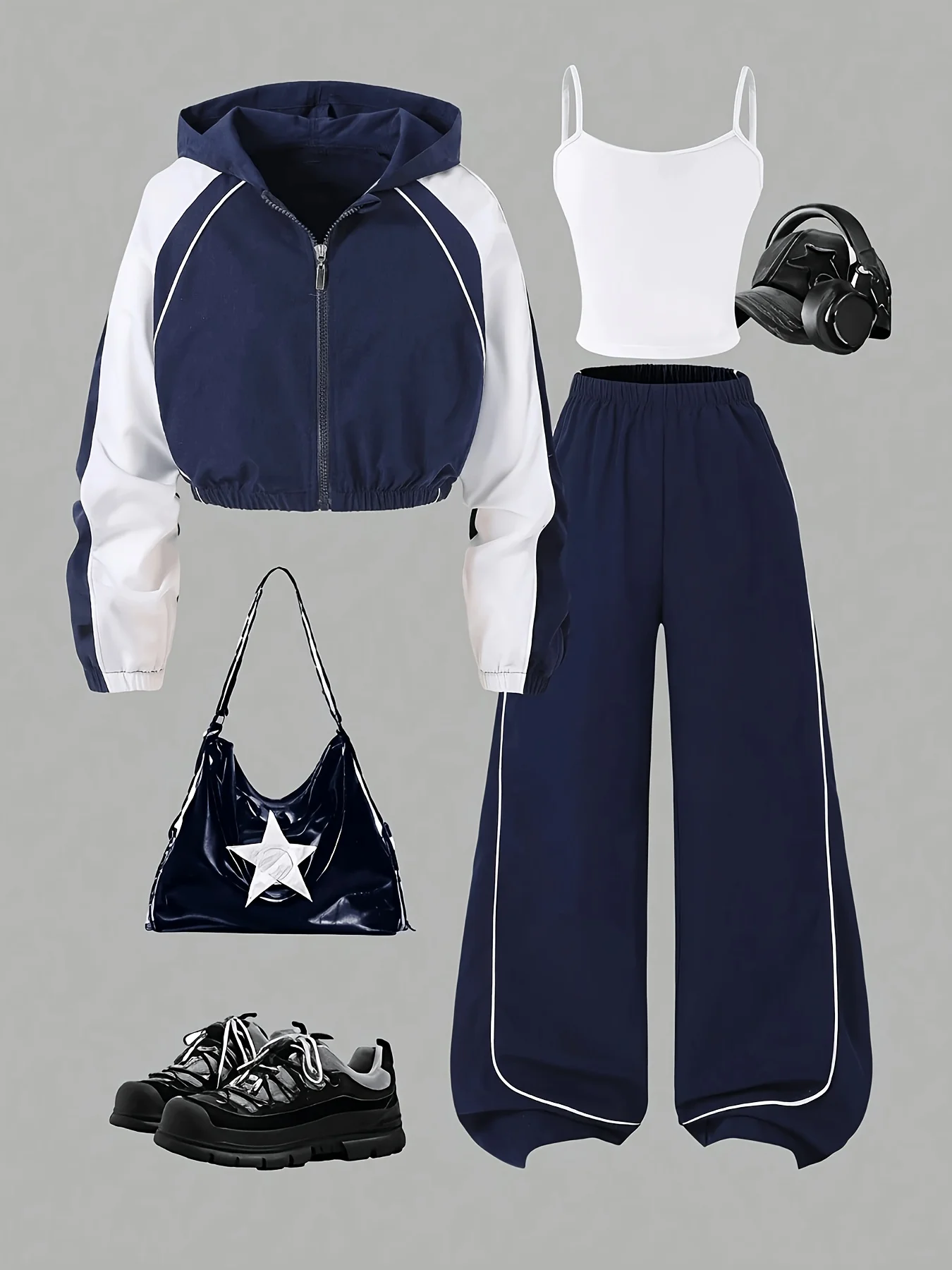 Girls' Autumn and Winter Outfit: Color-Blocked Hooded Zip-Up Short Jacket Paired with High-Waisted Wide-Leg Pants and a White Camisole, Suitable for Children Aged 7-13, Versatile Clothing for Home and Outings