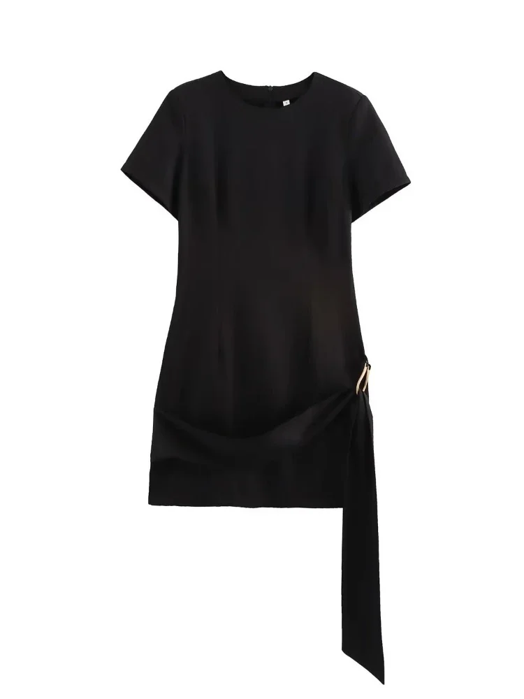 Women\'s Waist Slim Dress Horseshoe Buckle O-neck Short Sleeves Mid-waist Back Zipper Solid Mini Dress Summer New Chic Dress