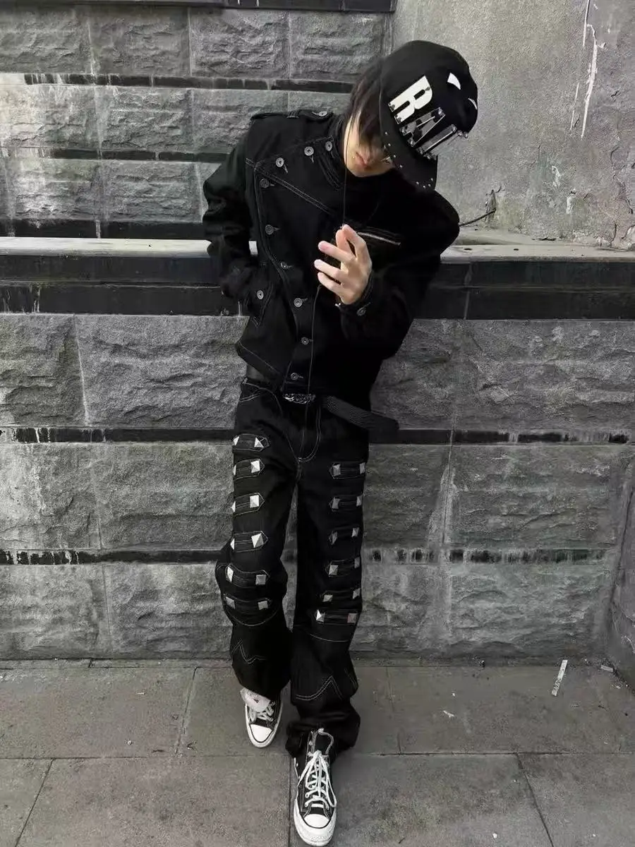 Men's Black Straight Jeans with Metal Buckle, American High Street Loose Wide Leg Floor-Length Casual Trousers for Spring