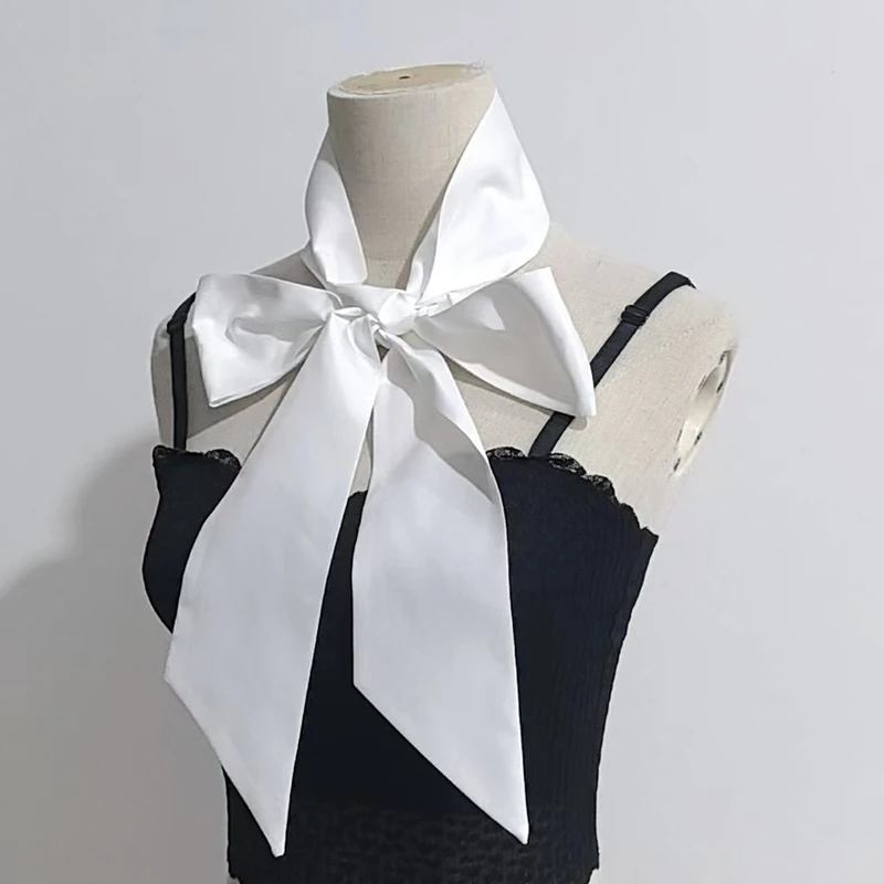 Stylish White Necktie Elegant Uniform Decorative Fake Collar Strap Big Bow Scarf