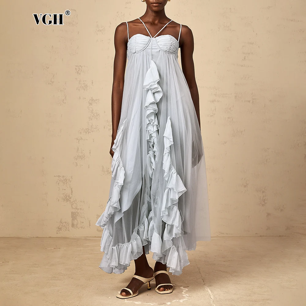 

VGH Elegant Spliced Fungus Mesh Dresses for Women Halter Strapless Sleeveless High Waist Temperament Backless Maxi Dress Female