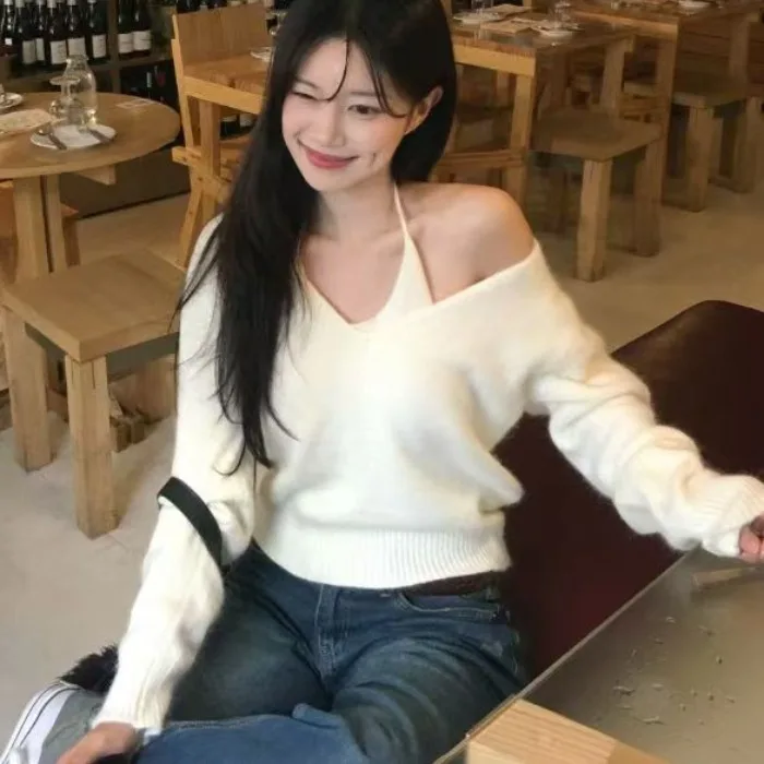 

Осень-зима, большой вязаный свитер с v-образным вырезом, женский комплект из двух предметов с верхним ремешком, удобный дышащий длинный све