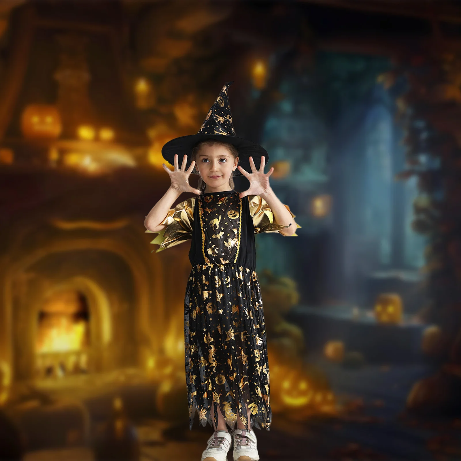 

Halloween Party Costume Girls Witch Dress Set Stars Pattern Magical Elements Funny Stage Performance Costumes Carnival Christmas