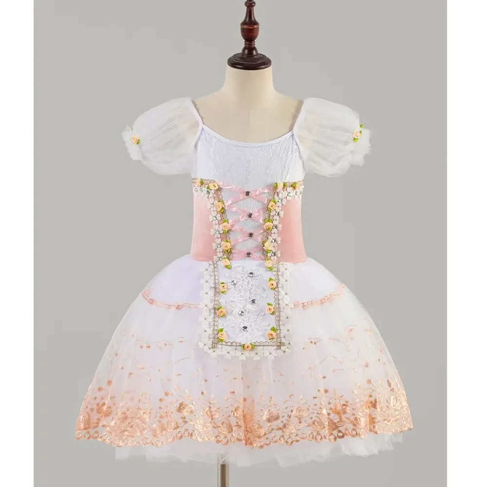 Romantic Tutu Giselle Ballet Costumes Girls Child Velet Tulle Skating Dress Ballerina Bubble Short Sleeve Lace-up Summer Dress