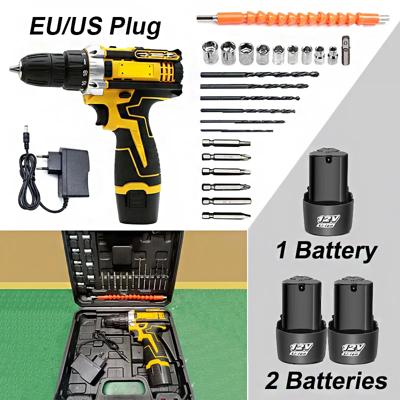 

1 Or 2 Batteries Lithium Electric Drill Electric Screwdriver Hand Electric Drill Electric Tool Set Multifunctional Accessory Box
