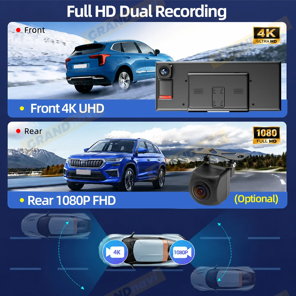 Cámara para salpicadero de 12,3 pulgadas, 4K, 1080P, grabadora de vídeo para coche con conexión inalámbrica, compatible con Carplay y Android Auto, GPS, pantalla táctil IPS.