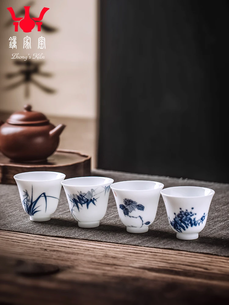 Zhongjia Kiln Master Single Jingdezhen Hand-painted Plum Orchid Bamboo Chrysanthemum Small Cup Kung Fu Tea Bowl Jade