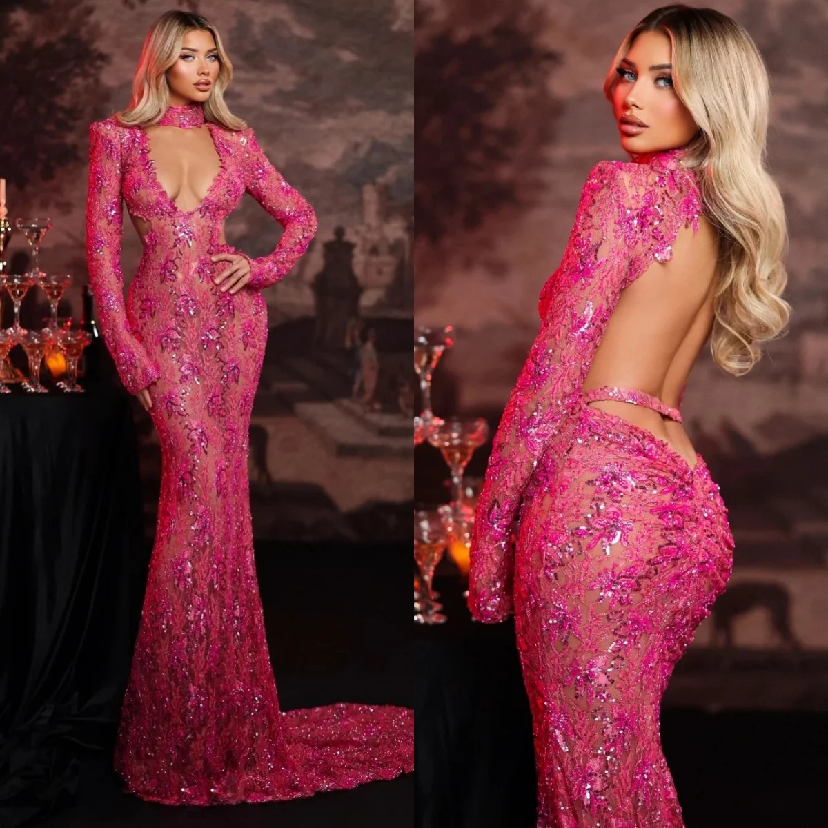 

Современные вечерние платья с высоким воротом и блестками, аппликациями, платье для выпускного вечера с открытой спиной, иллюзия, вечерние платья русалки по индивидуальному заказу, Vestidos De Noche