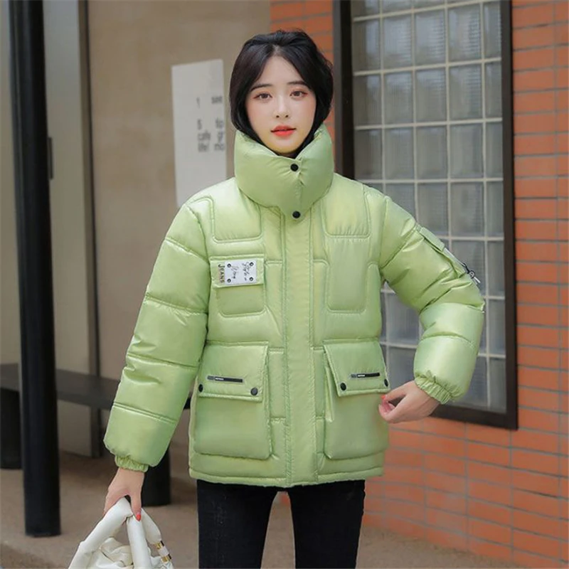 Veste courte en coton pour femme, manteau épais à revers, couleur pure, parka à la mode avec poche, pardessus femme, hiver, nouveau, 2023