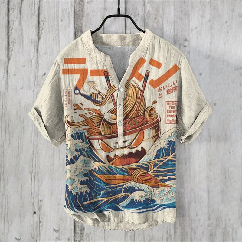 Summer Japanese-style art Print Vintage Henley Shirts Men\'s Casual Button-Down Short Sleeve v- neck Shirt Man Tees