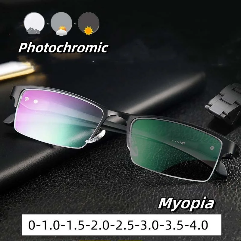 

Men's Business Photochromic Myopia Glasses Fashion High Definition Near Sight Eyewear Ultra Light Outdoor Color Changing Glasses