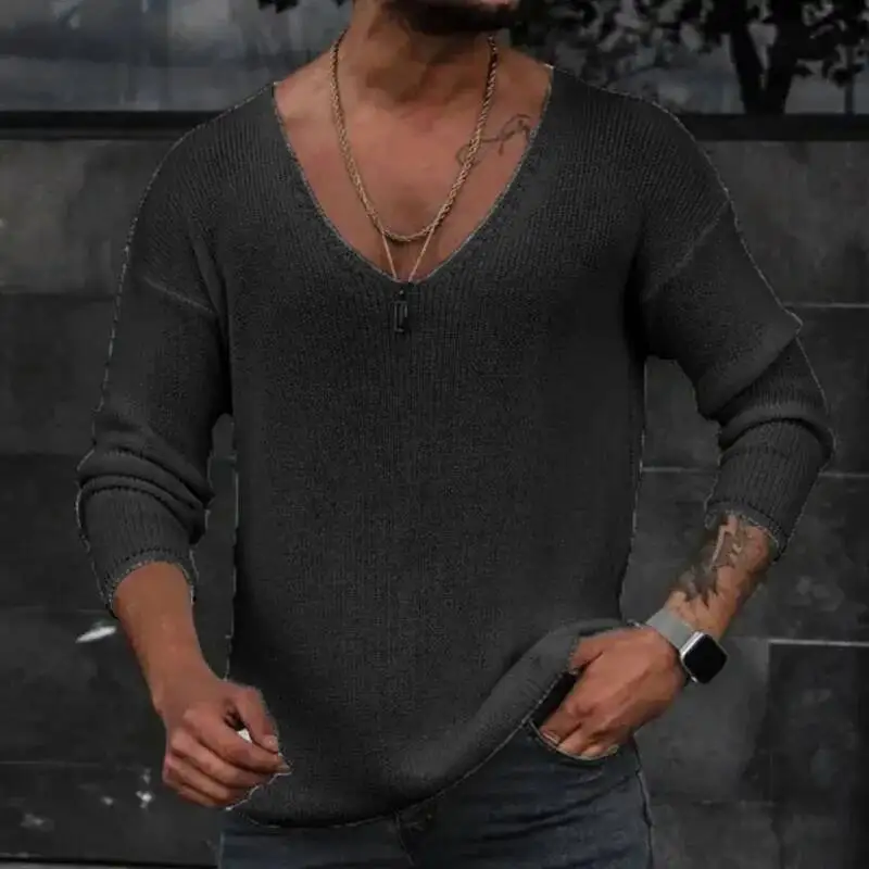 Men 2026 Spring V Neck Rib Bottoming T-Shirts Pullover Autumn Long Sleeve Slim Fit Tees Tops Simple Casual Plain Thin Knit Shirt