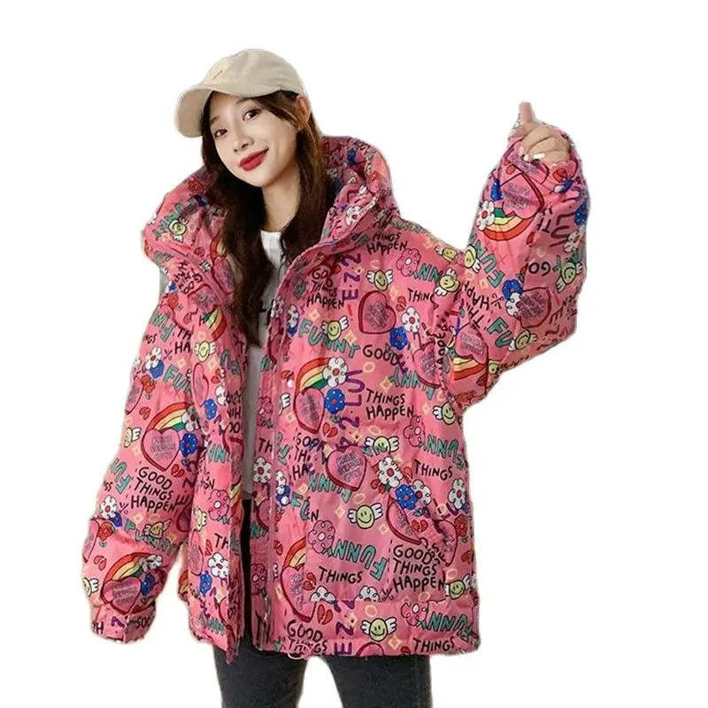 Nuove donne autunno inverno moda Graffiti stampa piumino di cotone per il tempo libero Parka con cappuccio sciolto antivento tenere in caldo giacca femminile