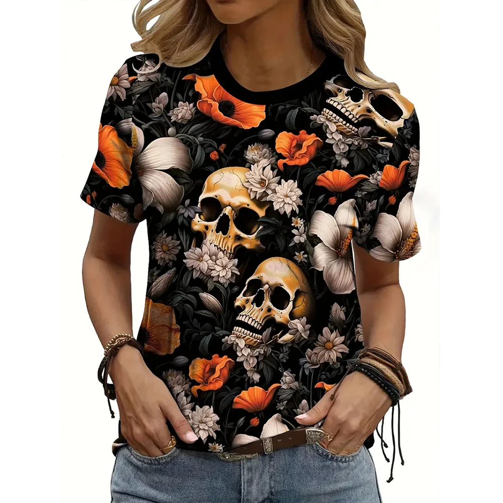 3d Skull Printed Women's Short Sleeve T-Shirts Loose Casual Black Tops O-Neck Tees Streetwear Harajuku Summer Women Clothing