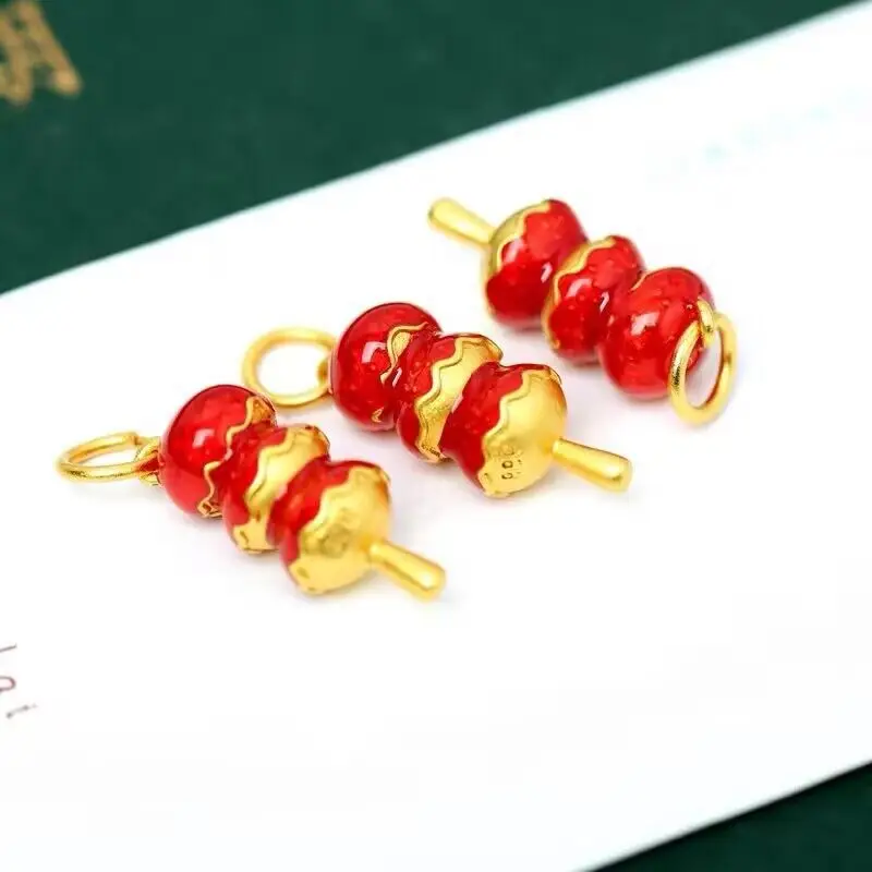 New Chinese Style Element Gold Color Red Drip Glue Candied Haws on A Stick Pendant Women's Fun and Cute Girlfriend Gift Jewelry