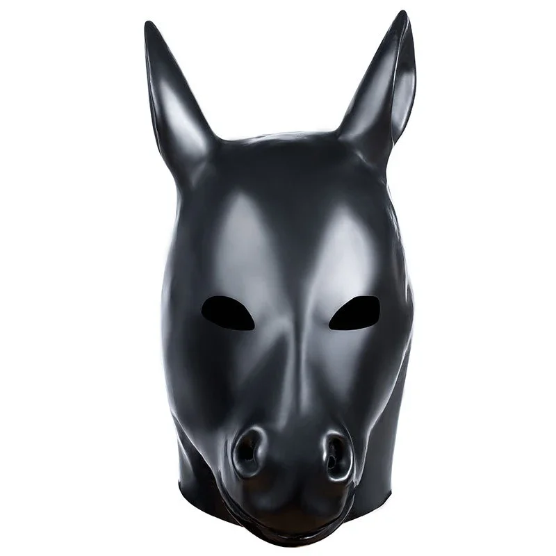 

Unisex Black Latex Hoods Horse Head Mask Party Cosplay Rubber Catsuits Bodysuits Mask