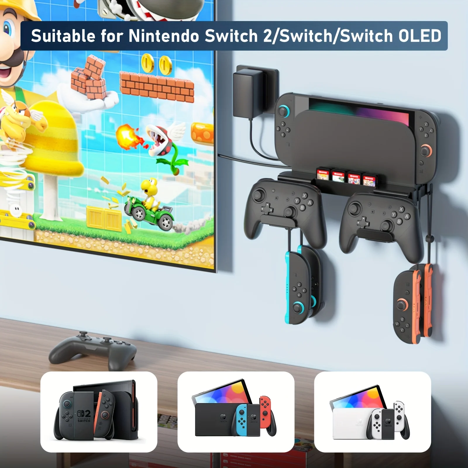 Gaming Console Organizer - ขายึดติดผนังสำหรับ Switch 2 พร้อมช่องเก็บคอนโทรลเลอร์และเกมการ์ด ประหยัดพื้นที่ ที่วางอุปกรณ์เสริมสำหรับเครื่องเล่นเกม