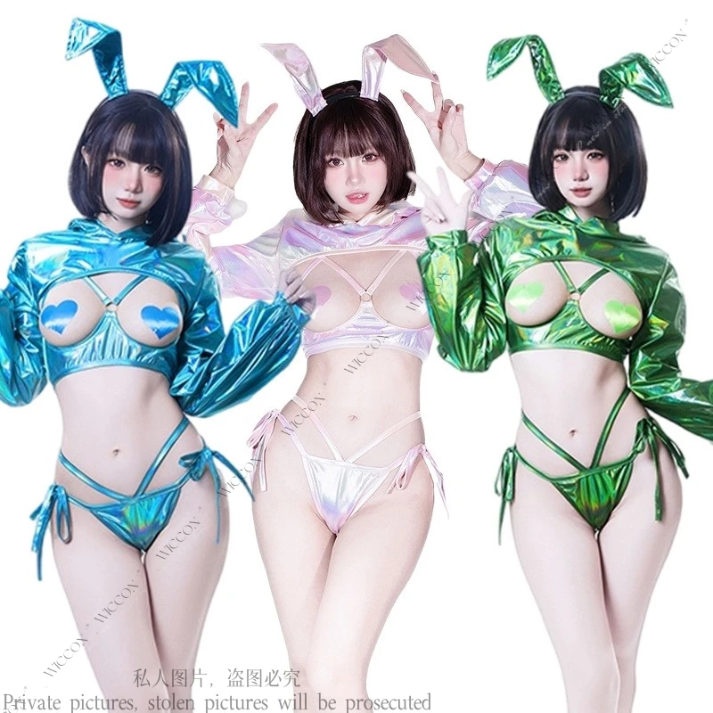 

Bunny Girl Laser Suit With Breast Blue Pink Green Role Play Sexy Adult Woman Man Halloween Party Festivals Bunny Girl Set