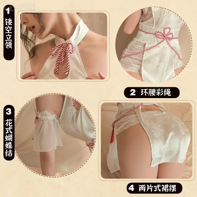 Japanese Sexy Lingerie Kimono Anime Cosplay Miko Set Hollow Out Cleavage Sexy Sleepwear Spa Travel Essentials Cheongsam Uniform image 2