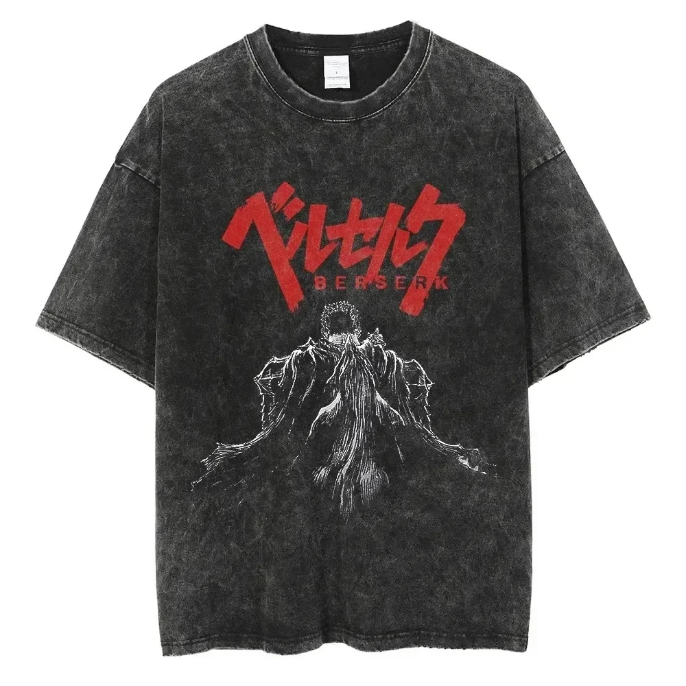 Berserk Print T Shirt Men Vintage Washed T-Shirt Anime Guts Graphic Tshirt Hiphop Streetwear Tees Summer Casual Berserk Clothes