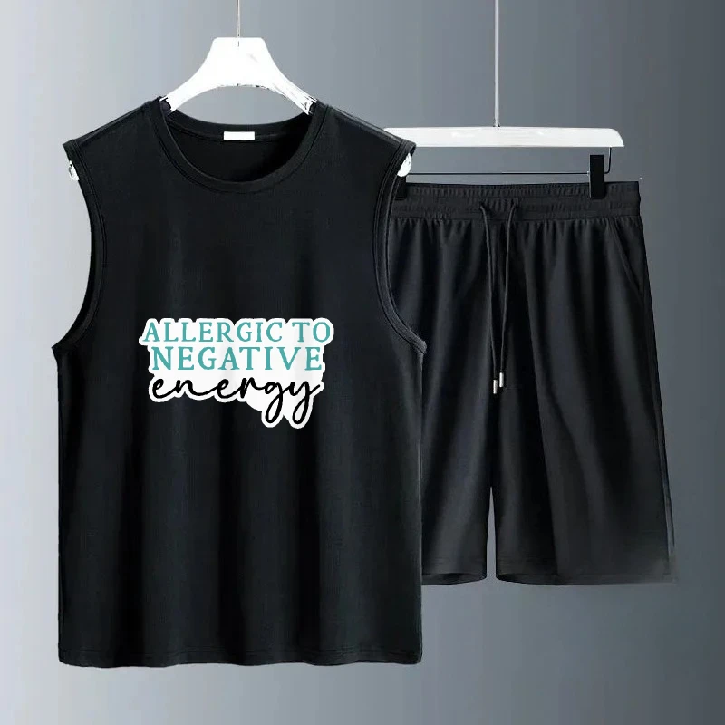 

2025 Men Casual Summer Sleeveless Daily Green and transparent English letter print suits Comfortable Shorts Sets for Daily Wear