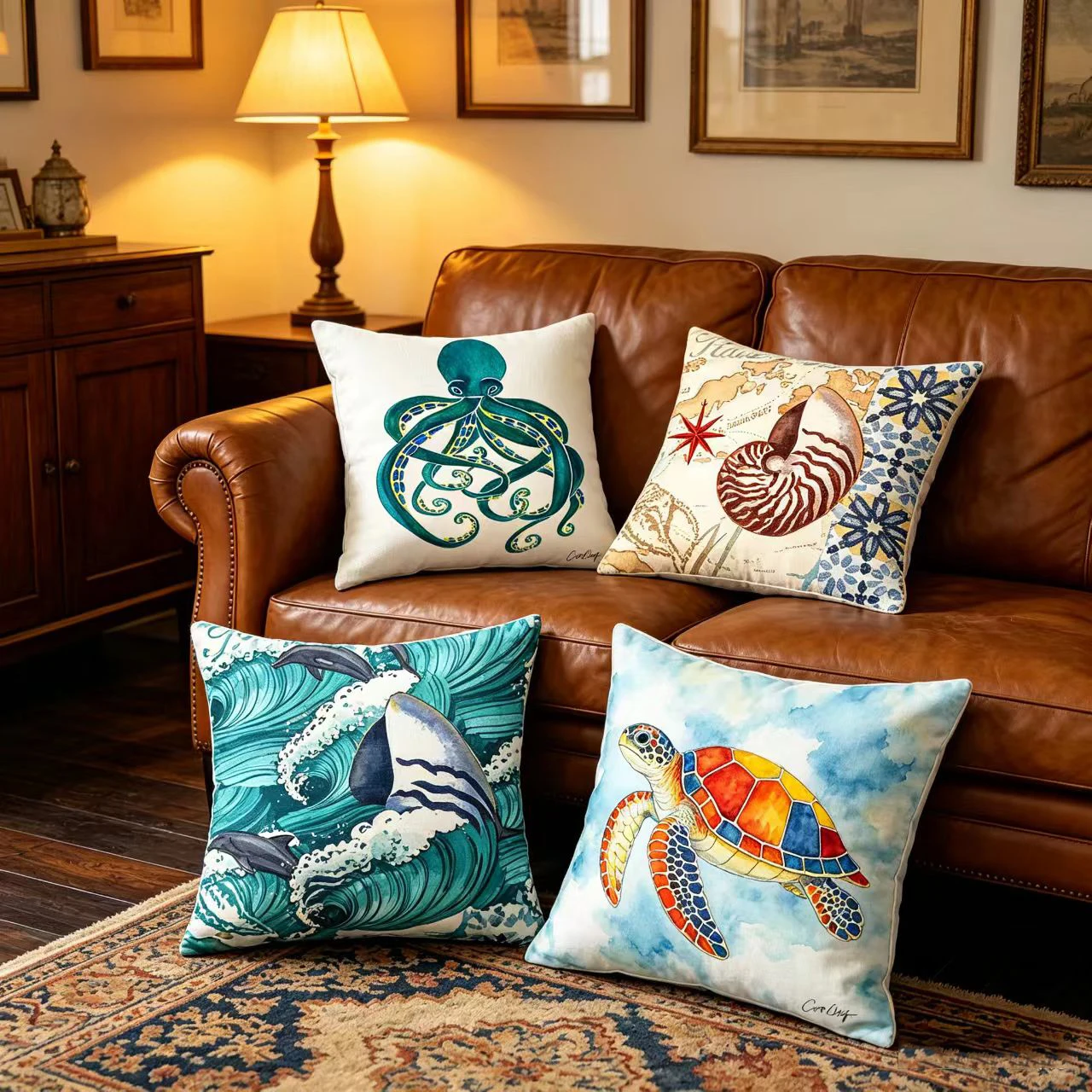 Marine Turtle Octopus Dolphin Seashell Throw Pillow Case Decorative Pillowcase Living Room Sofa Cushion Cover Home Gift Decor