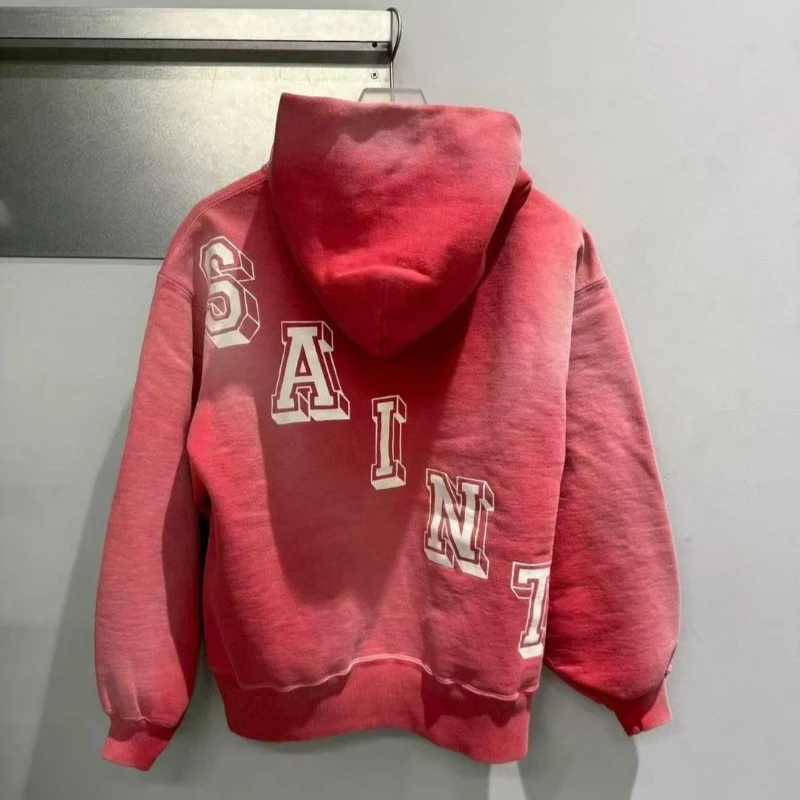 26ss SAINT Hoodies High-quality Streetwear Angel Print Distressed Hooded Sweatshirt for Men Women