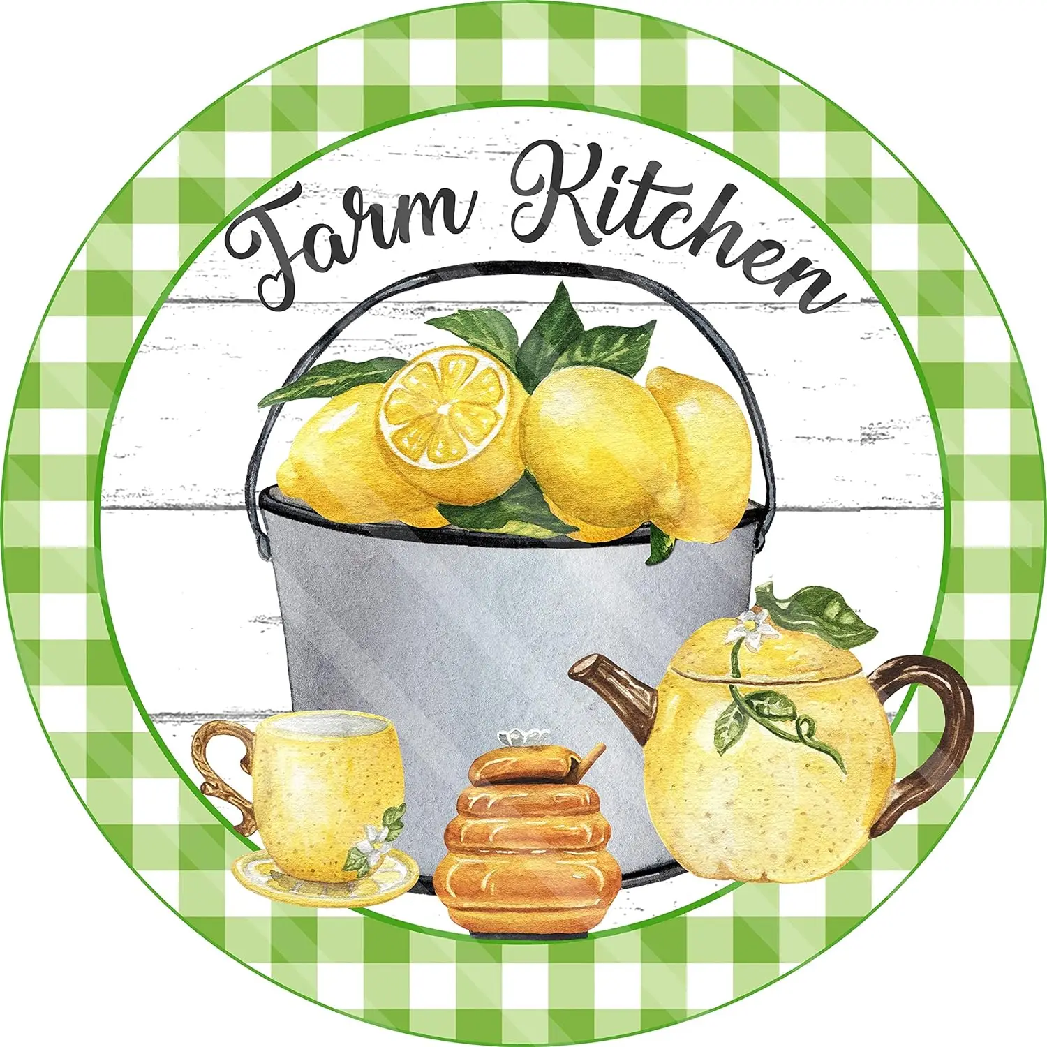 Tin Sign Spring Summer,Bucket of Lemons Round Graphic, Farm Kitchen Door Hanger, Wall Art Metal Sign 8x8 Inch