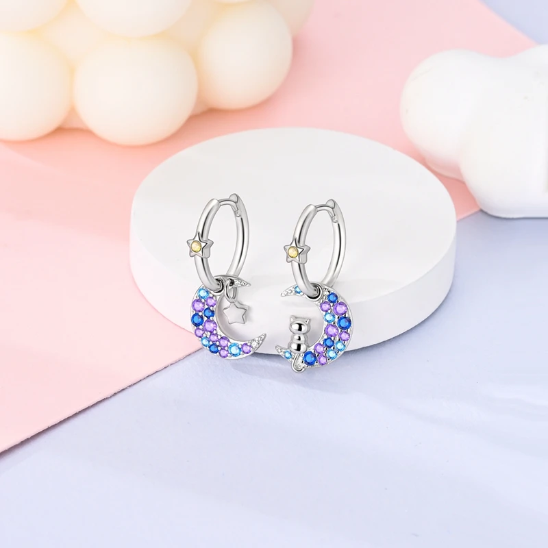 

100% 925 Sterling Silver Earrings Women Star And Moon Cat Ear Rings Hoop Earring For Anniversary Wedding Jewelry Gifts