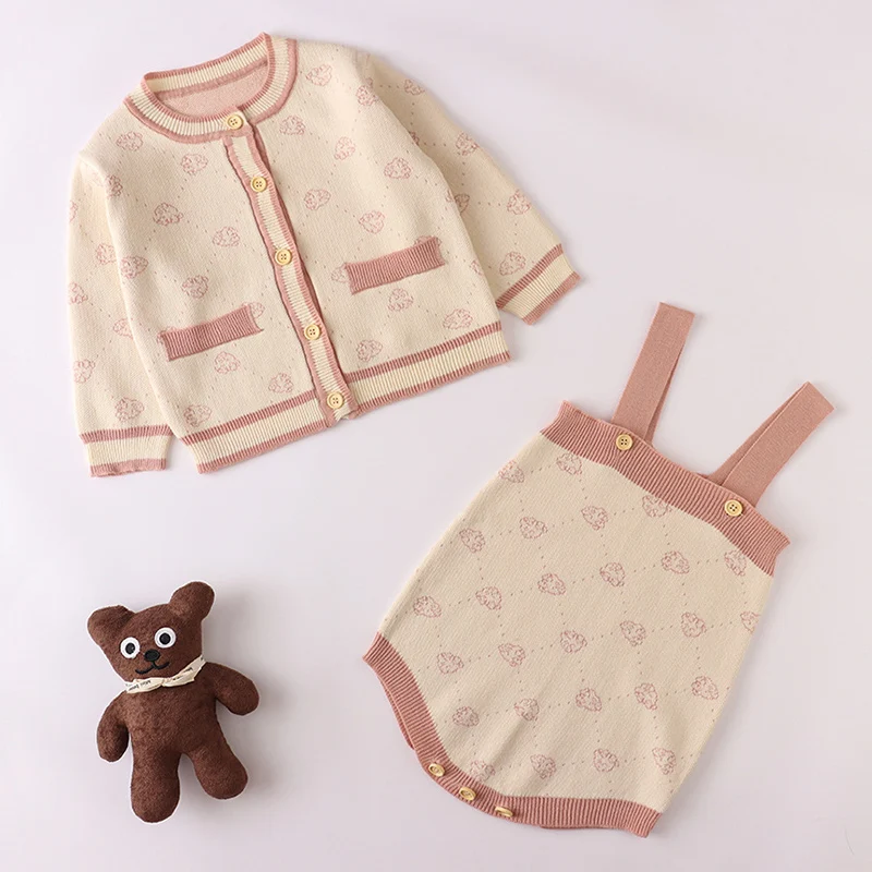 Autumn Winter Infant Baby Girl Knitting Clothes Set Long Sleeved Printed Cardigan+Jumpsuit Toddler Baby Knitted Clothes Suit