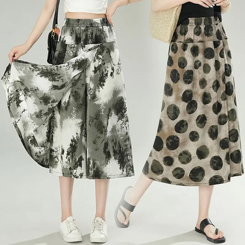 2024 New Vintage Straight Trend High Waist Fashion Printing Wide Leg Pants Summer Comfortable Tie Dye Elastic Women's Clothing