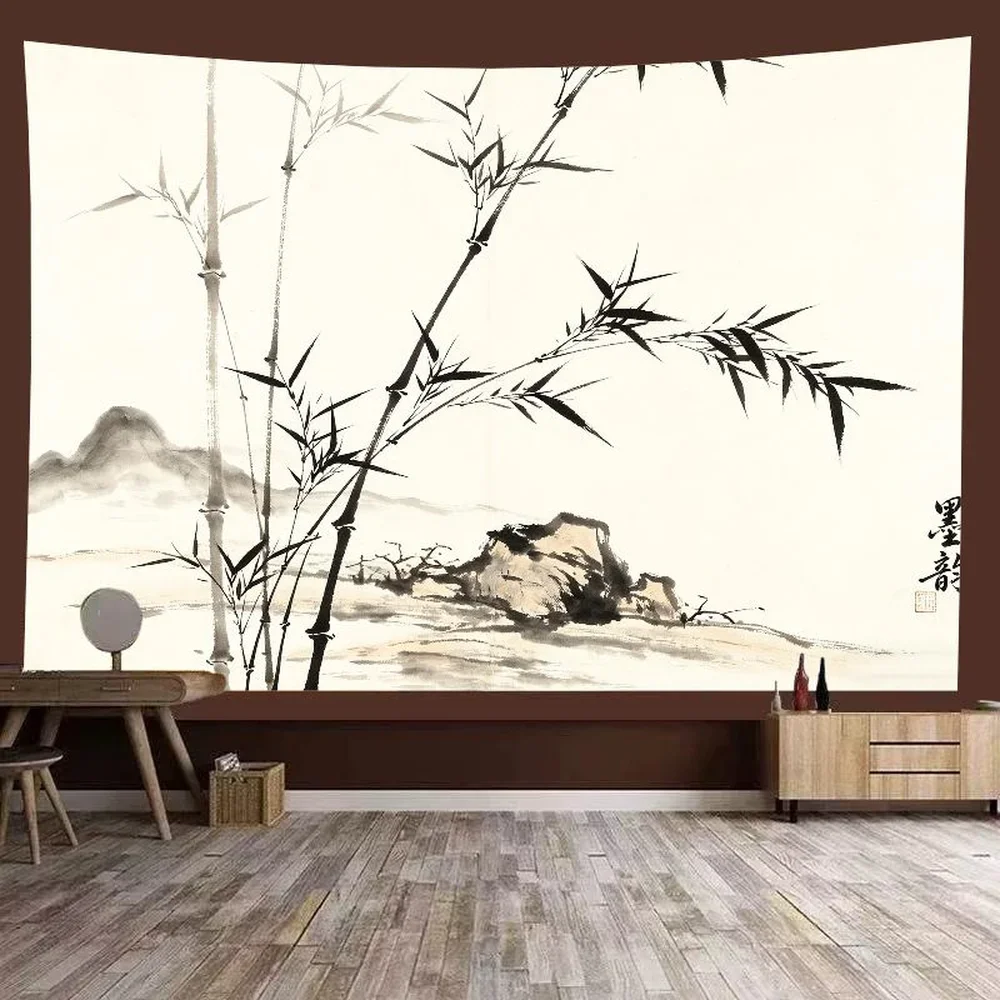 Zen Mountain Tapestry, Black Ink Landscape Waterfall Rock Path Asian Decor