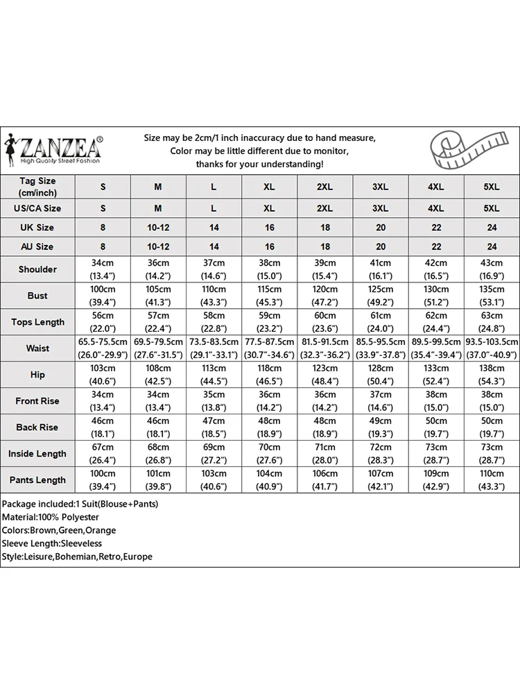 ZANZEA امرأة ملابس يومية بانت مجموعات سترات مطبوعة بلايز الصلبة بنطال ذو قصة أرجل واسعة التنقل الصيف 2 قطعة مجموعات موضة قطعتين وتتسابق