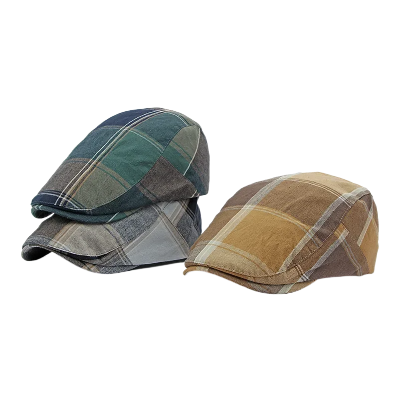 Plaid Pattern Newsboy Caps for Men Women Cotton Beret Button Adjustable Cabbie Gatsby Cap Flat Driving Hats